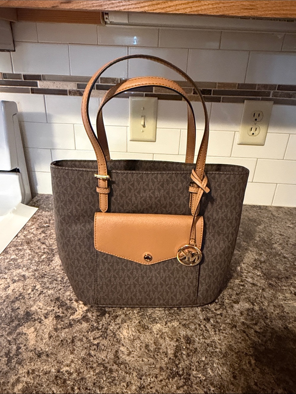 Michael Kors Brown Logo Tote with Tan Accent and MK Charm